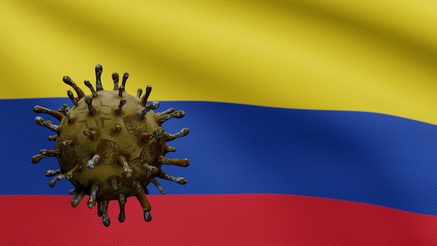 Illustration 3D Drapeau colombien avec épidémie de coronavirus infectant le système respiratoire en tant que grippe dangereuse. Virus de la grippe Covid 19 avec la bannière nationale de la Colombie soufflant à l'arrière-plan. Pandémie