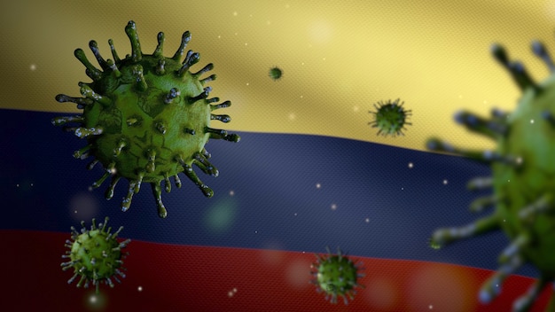 Illustration 3D Drapeau colombien avec épidémie de coronavirus infectant le système respiratoire en tant que grippe dangereuse. Virus de la grippe Covid 19 avec la bannière nationale de la Colombie soufflant à l'arrière-plan. Pandémie