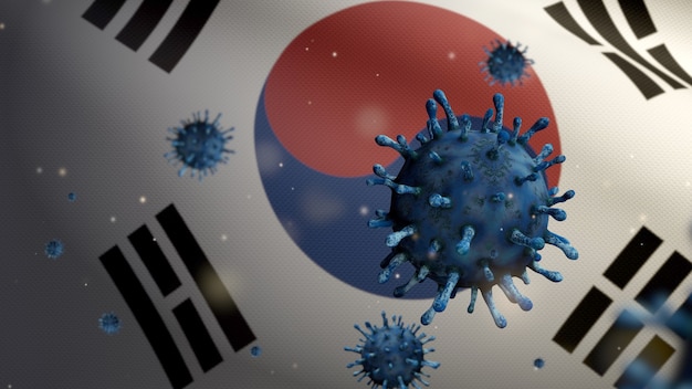 Photo illustration 3d drapeau coréen avec épidémie de coronavirus infectant le système respiratoire en tant que grippe dangereuse. virus covid 19 de type grippe avec fond de soufflage de bannière nationale de la corée du sud. pandémie