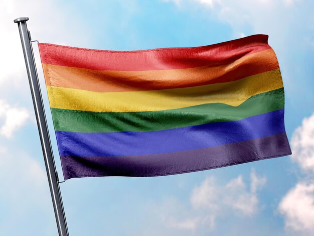 Illustration 3d drapeau de la fierté gay agitant dans le vent contre un ciel bleu avec des nuages Bangkok pride day