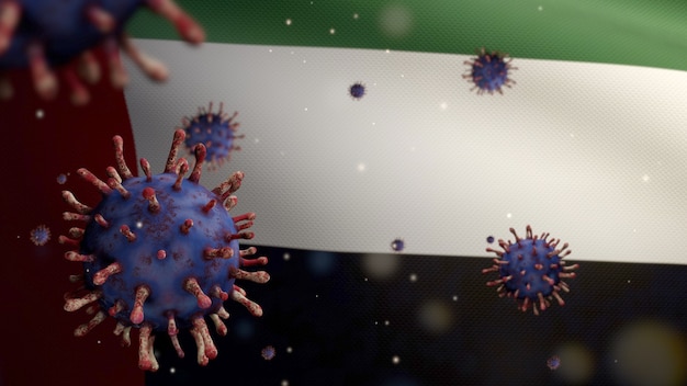 Illustration 3D Le drapeau des Émirats arabes unis agite avec une épidémie de coronavirus infectant le système respiratoire comme une grippe dangereuse. Virus Covid 19 de type grippe avec bannière nationale des Émirats arabes unis soufflant à l'arrière-plan