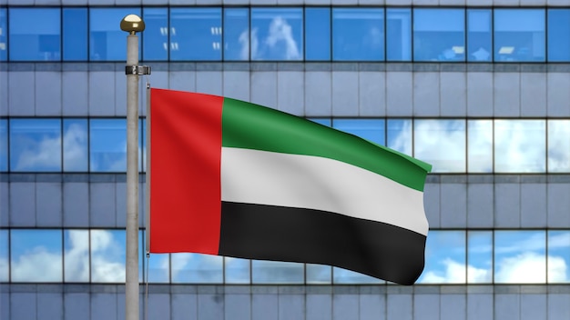 Illustration 3D Drapeau des Émirats arabes unis dans une ville de gratte-ciel moderne. Belle grande tour avec bannière UAE en soie douce et lisse. Fond d'enseigne de texture de tissu de tissu. Concept de la fête nationale