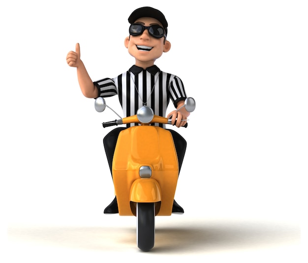 Illustration 3D drôle d'un arbitre américain sur un scooter