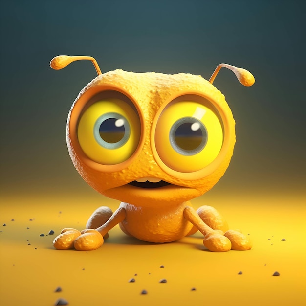 Illustration 3d d'une drôle de fourmi jaune avec de grands yeux sur fond orange