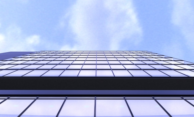 Illustration 3D du bâtiment en verre vue de dessous avec arrière-plan