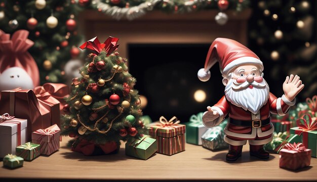 Illustration 3D du beau Père Noël magique avec une boîte à cadeaux