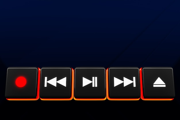 Illustration 3D du bouton de commutation de la musique: démarrer, chanson suivante et précédente, arrêter et enregistrer sur fond noir isolé