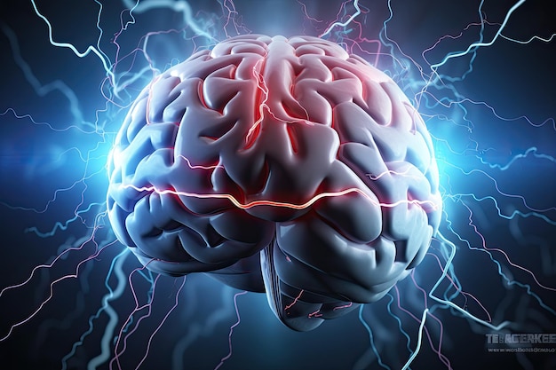 Illustration 3D du cerveau humain avec des éclairs dans le fond sombre Concept de brainstorming avec cerveau humain et éclairs illustration 3D générée par l'IA