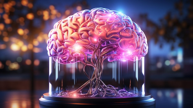 Illustration 3D du cerveau humain de l'effet de lumière au néon du modèle