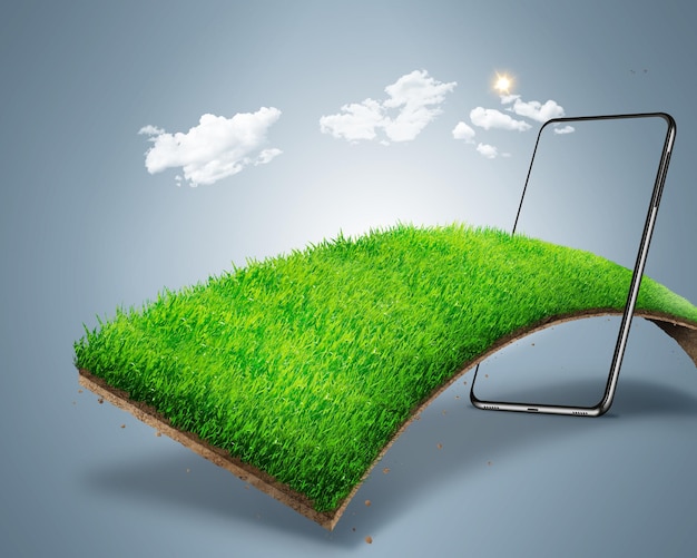 Illustration 3d du champ d'herbe de flexion sortant du mobile isolé. champ d'herbe agricole.