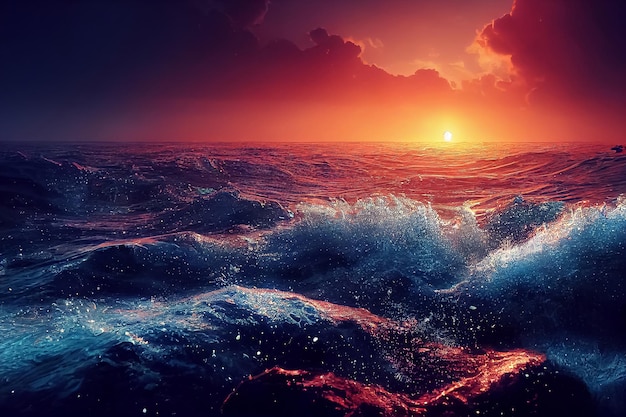 Illustration 3d du ciel dramatique et tempête un coucher de soleil sur la mer
