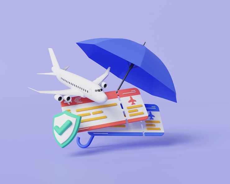 Photo illustration 3d du concept d'assurance voyage protection d'assurance sur le voyage garantie de la police d'assurance affaire de garantie avion en toute sécurité bouclier parapluie assurance vie accident