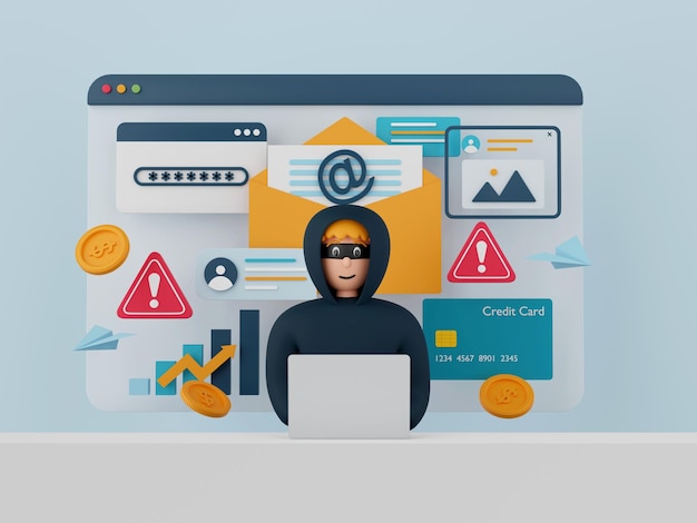 Illustration 3d du concept de phishing de données Hacker et cybercriminels phishing vol de données personnelles privées mot de passe e-mail et carte de crédit escroquerie en ligne malware et phishing de mot de passe