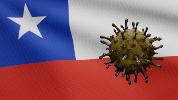 Illustration 3D du coronavirus de la grippe flottant au-dessus du drapeau chilien, un agent pathogène attaque les voies respiratoires. Bannière du Chili agitant avec le concept d'infection par le virus pandémique Covid19. Gros plan du véritable enseigne de texture de tissu
