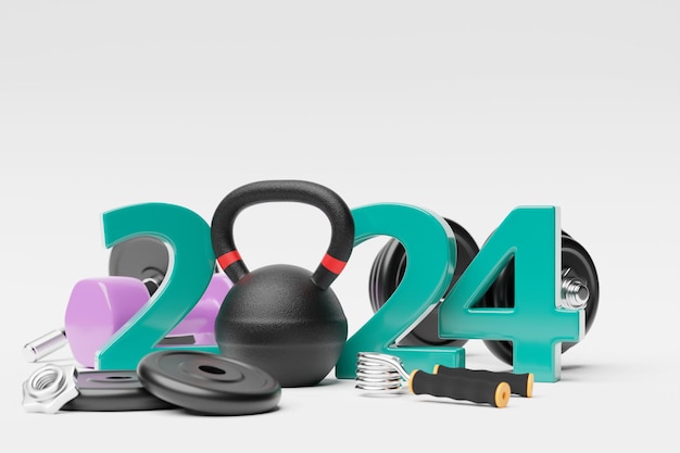 Illustration 3D du design bonne année 2024 et équipement sportif Équipement sportif kettlebell haltère bande élastique pour le sport rouleau de gymnastique pour la presse Sport bannière de bonne année