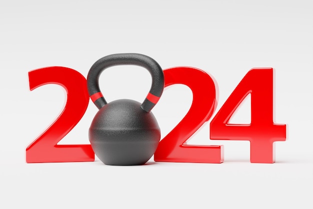 Illustration 3D du design bonne année 2024 et poids de l'équipement sportif Bannière de bonne année sport