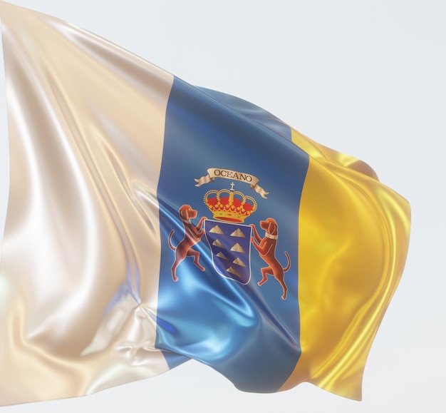 Illustration 3d du drapeau des îles canaries sur un tissu brillant ondulé isolé sur bleu clair