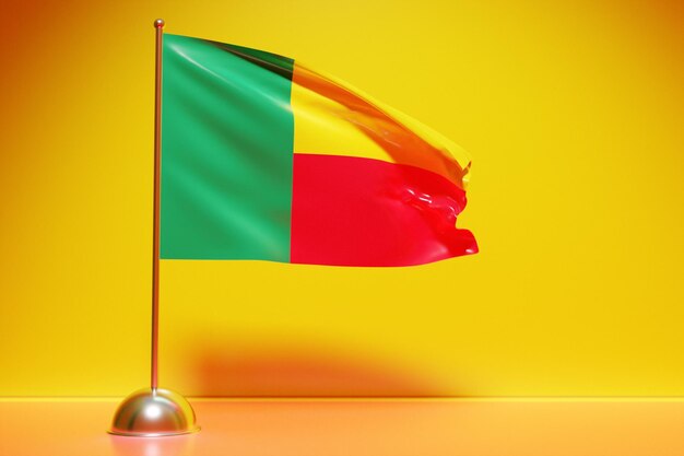 Illustration 3D du drapeau national du Bénin sur un mât métallique flottant. Symbole du pays.