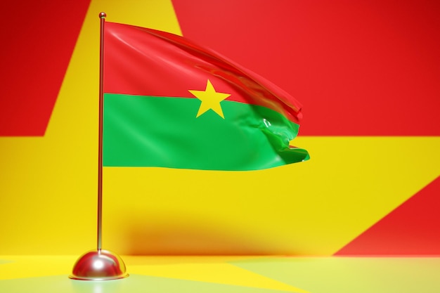 Illustration 3D du drapeau national du Burkina Faso sur un mât métallique flottant. Symbole du pays.