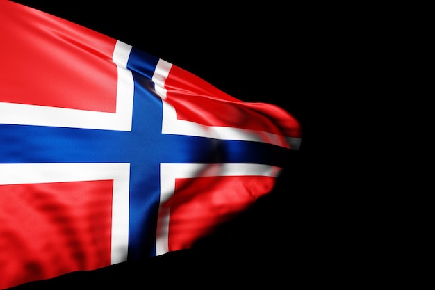 Illustration 3D du drapeau national de la Norvège sur un mât métallique flottant sur fond noir isolé. Symbole du pays.