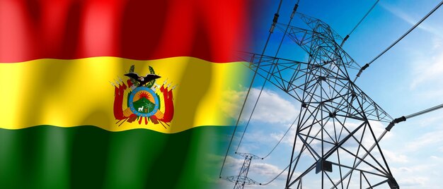 Illustration 3D du drapeau de pays de la Bolivie et des pylônes électriques