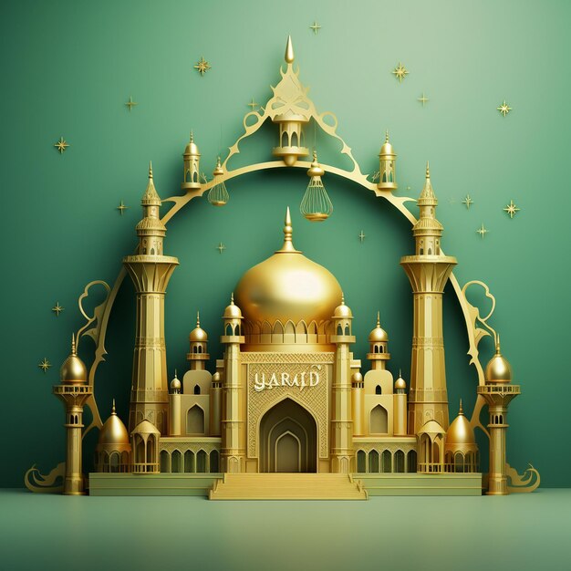 Illustration 3D du fond de Ramadan Kareem avec une mosquée et le fond d'Eid Mubarak