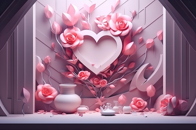 Photo illustration 3d du fond de la saint-valentin avec coeur et fleurs bonne fête des mères conception de bannière moderne ai générée