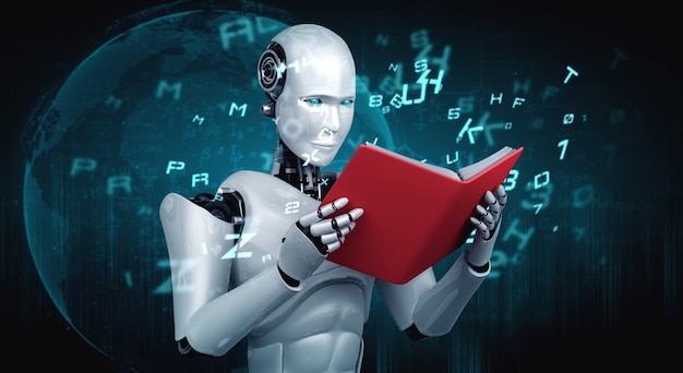 Illustration 3D du livre de lecture robot humanoïde