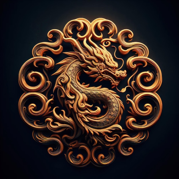 Illustration en 3D du logo de la sculpture du dragon sur fond sombre