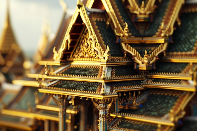 Illustration 3D du modèle de temple thaïlandais à l'arrière-plan de style bokeh