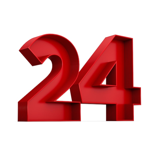 Illustration 3d du numéro rouge 24 ou vingt-quatre ombre intérieure isolée sur blanc