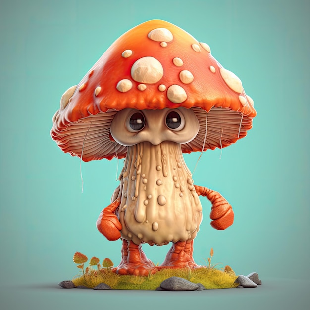 Illustration 3D du personnage de champignon dessiné dans un style de dessin animé généré par l'IA