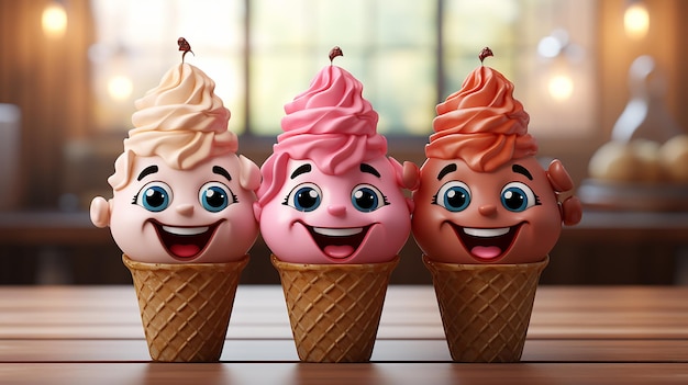 Illustration 3D du personnage de crème glacée colorée