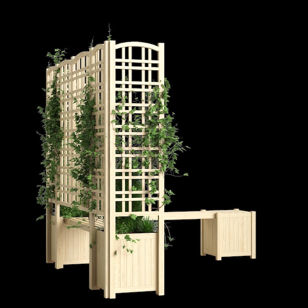 Illustration 3d du planteur de banc avec treillis en bois clair isolé sur fond noir