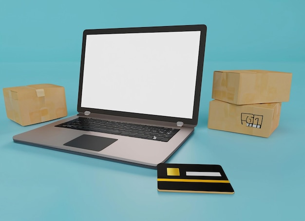 Photo illustration 3d du shopping en ligne avec un ordinateur portable à écran vierge de carte de crédit avec carte de crédit