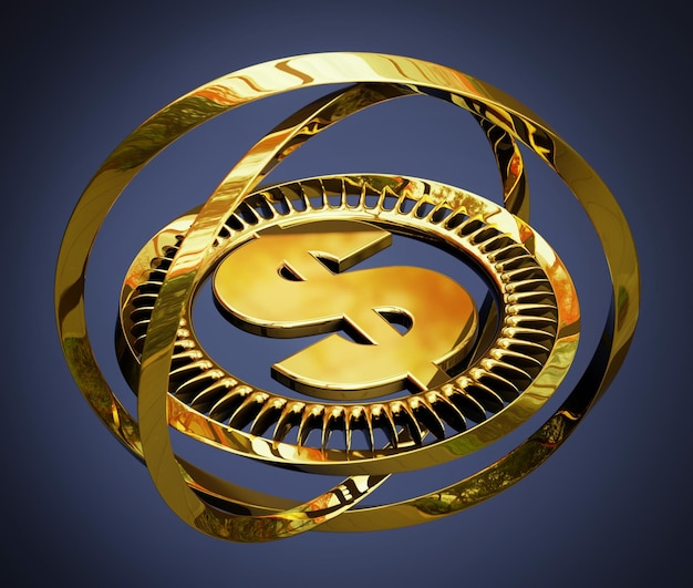 Photo illustration 3d du signe dollar doré enfermé dans un cercle déchiqueté et deux cercles dorés avec