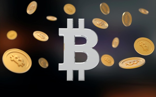 Illustration 3D du symbole Bitcoin entouré de bitcoins tombant d'en haut