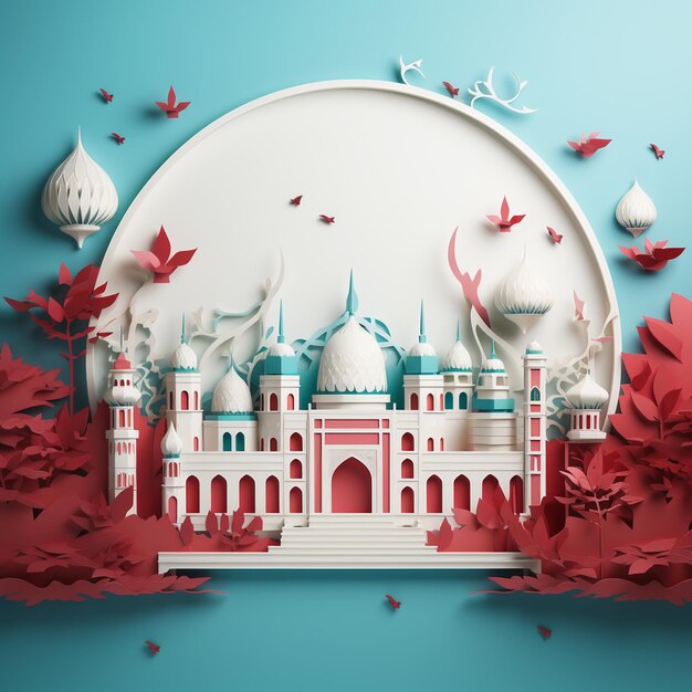 Illustration 3D du Taj Mahal dans le style découpé en papier Arrière-plan de luxe