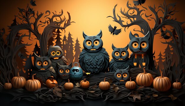 Illustration 3D du thème d'Halloween avec un groupe de citrouilles Jack O Lantern et un style graphique en papier