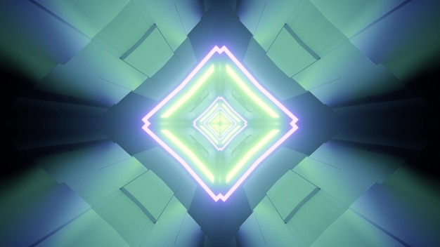 Illustration 3D du tunnel en forme de losange avec un design symétrique et des lignes de néon lumineux dans des couleurs bleues et vertes
