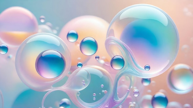 Photo illustration 3d d'eau colorée avec des bulles de couleur pastel transparente