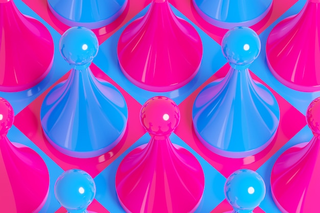 Illustration 3D d'échecs rose et bleu, dames sur un échiquier sur fond blanc.