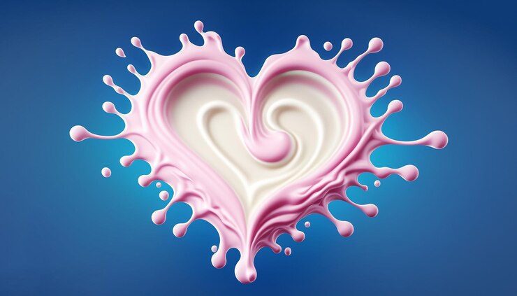 Illustration 3d d'éclaboussures de lait en forme de coeur sur fond bleu avec un tracé de détourage