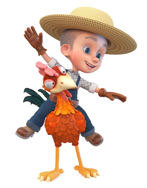 illustration 3D un enfant dans un chapeau de paille travaille dans une ferme avicole