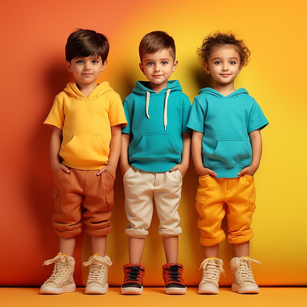 Illustration 3D enfants de deux ans se tiennent devant un fond coloré en tenue réaliste