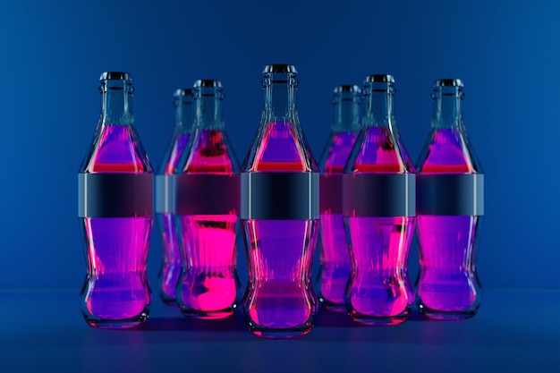 Illustration 3d d'un ensemble de petites bouteilles de soda en verre avec une boisson rose sur fond bleu vif