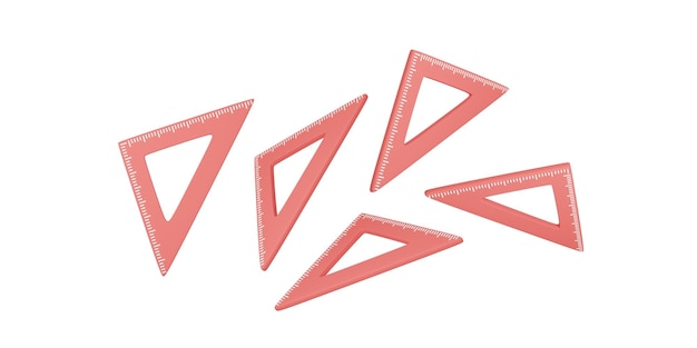 Photo illustration 3d d'un ensemble de règles triangulaires roses placées en carré dans différentes positions isolées sur fond blanc