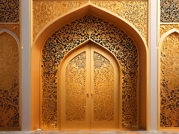 Illustration 3D de l'entrée de la porte ornement islamique texture dorée pour le fond du ramadan haute résolution