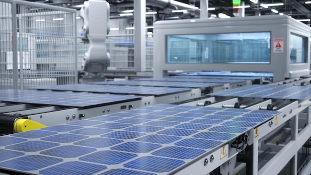 Illustration 3D d'un entrepôt produisant des cellules solaires à énergie renouvelable