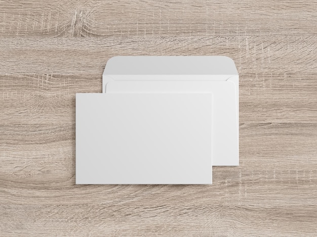 Illustration 3D Enveloppe blanche format A5 sur fond bois avec carte blanche